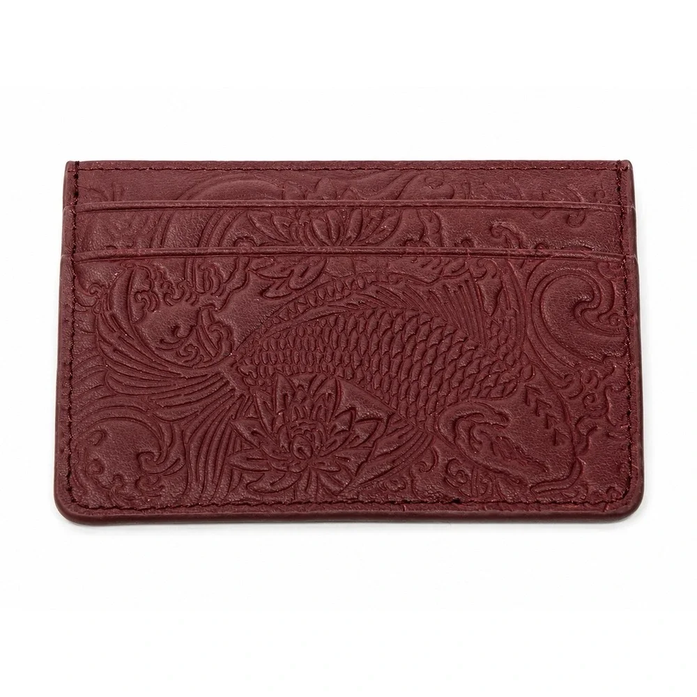 Izuki Burgundy Credit Card Holder Wallet Embossed Koi Fish 6-Slot Slim Case